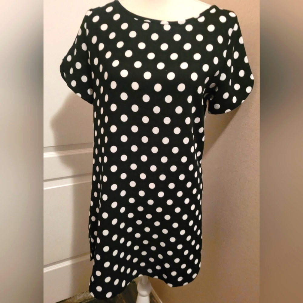 EUC Mittoshop black mini dress with white polka dots Size Medium